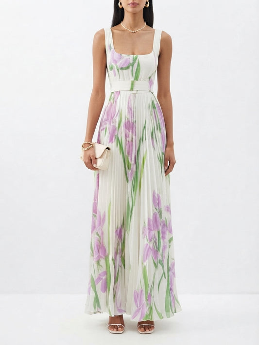 Robe Maxi Fleurie à Détails Plissés pour Femme