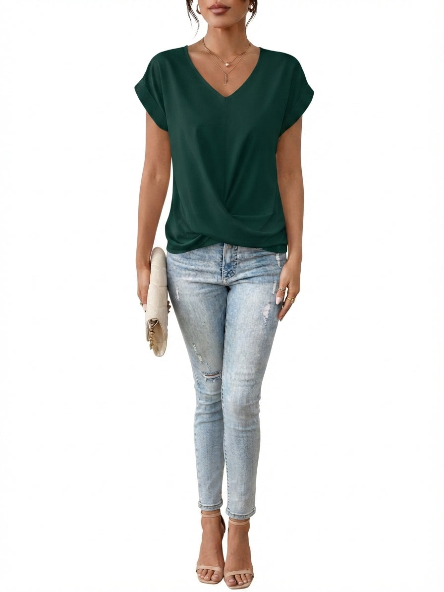 T-shirt en Coton à Col V et Manches Courtes pour Femme