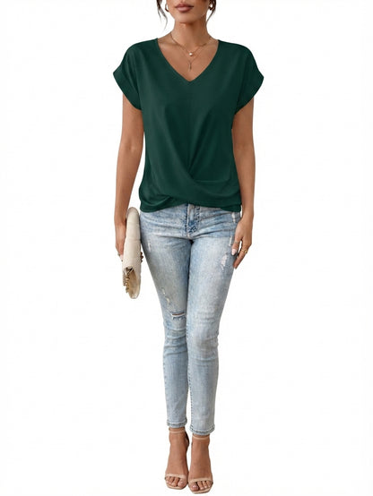 T-shirt en Coton à Col V et Manches Courtes pour Femme