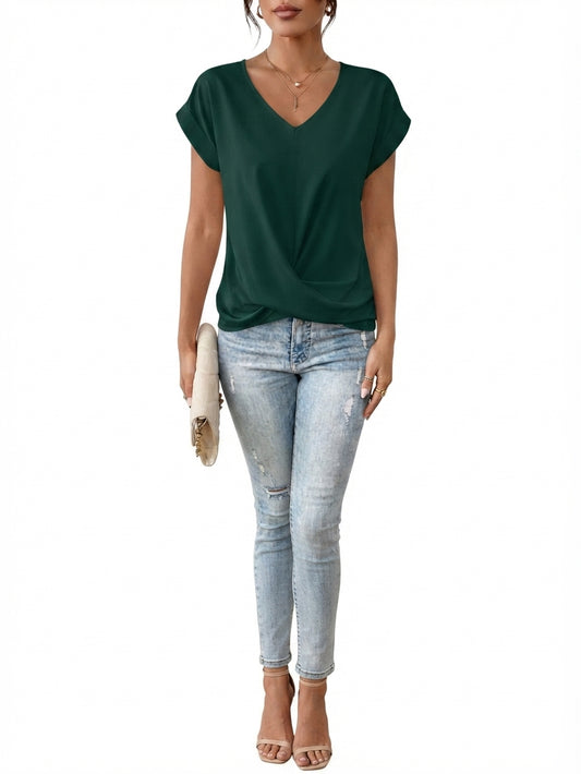 T-shirt en Coton à Col V et Manches Courtes pour Femme