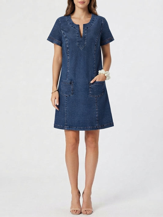 Robe en Jean d'Été à Col V et Poches pour Femme