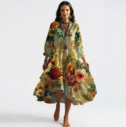 Robe Bohème Fleurie à Col V et Ourlet Asymétrique pour Femme