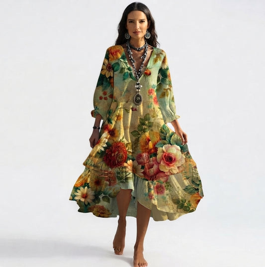 Robe Bohème Fleurie à Col V et Ourlet Asymétrique pour Femme