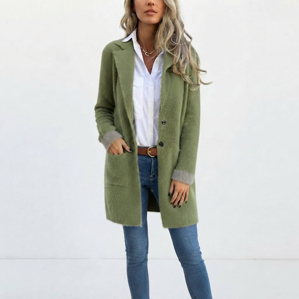 Veste Longue Cintrée à Col à Revers pour Femme