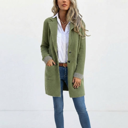 Veste Longue Cintrée à Col à Revers pour Femme