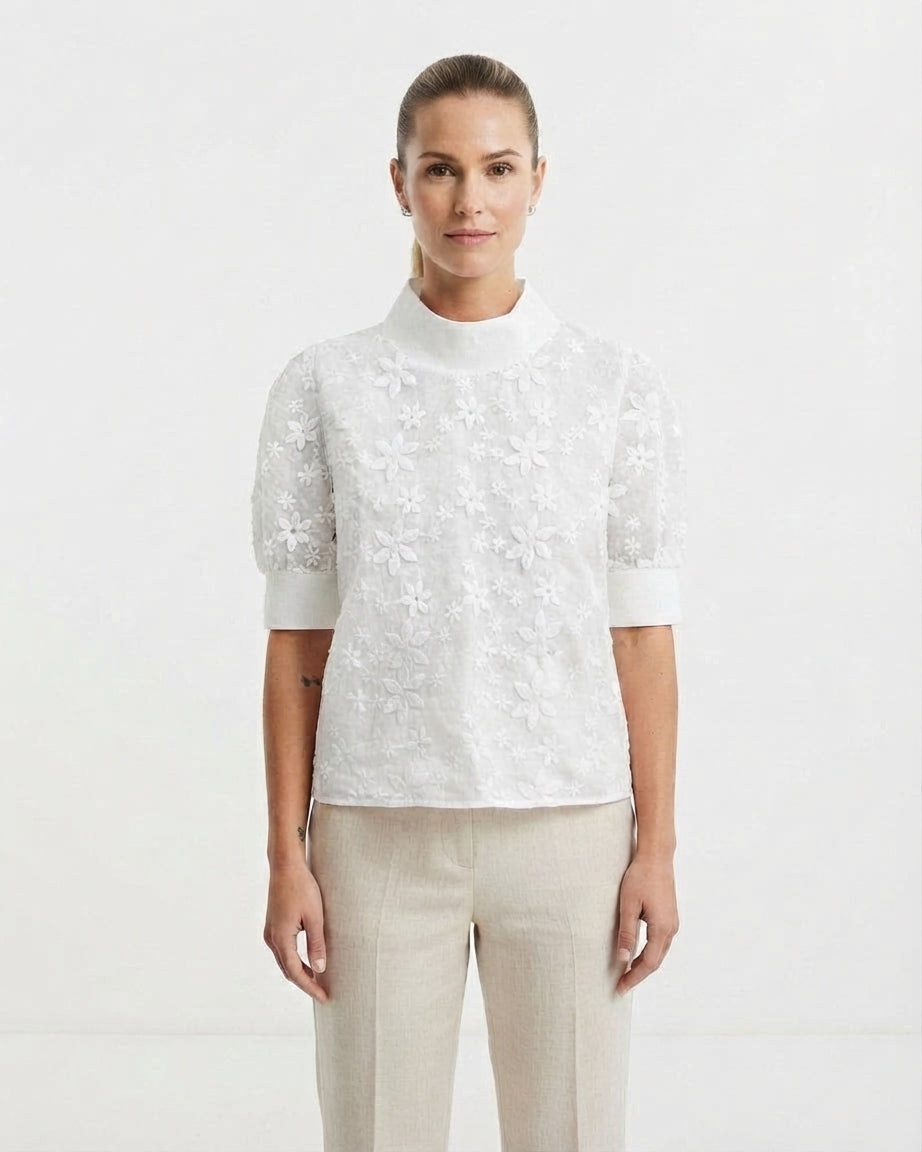 Blouse à Col Montant et Broderie Florale pour Femme