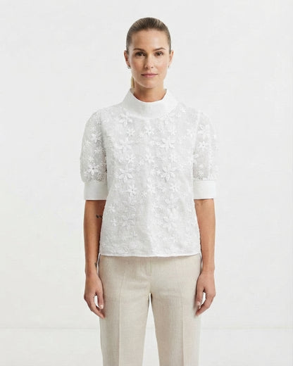 Blouse à Col Montant et Broderie Florale pour Femme