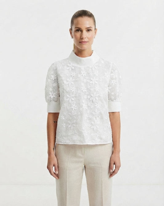 Blouse à Col Montant et Broderie Florale pour Femme