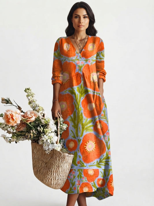 Robe Midi à Col V et Imprimé Artistique pour Femme