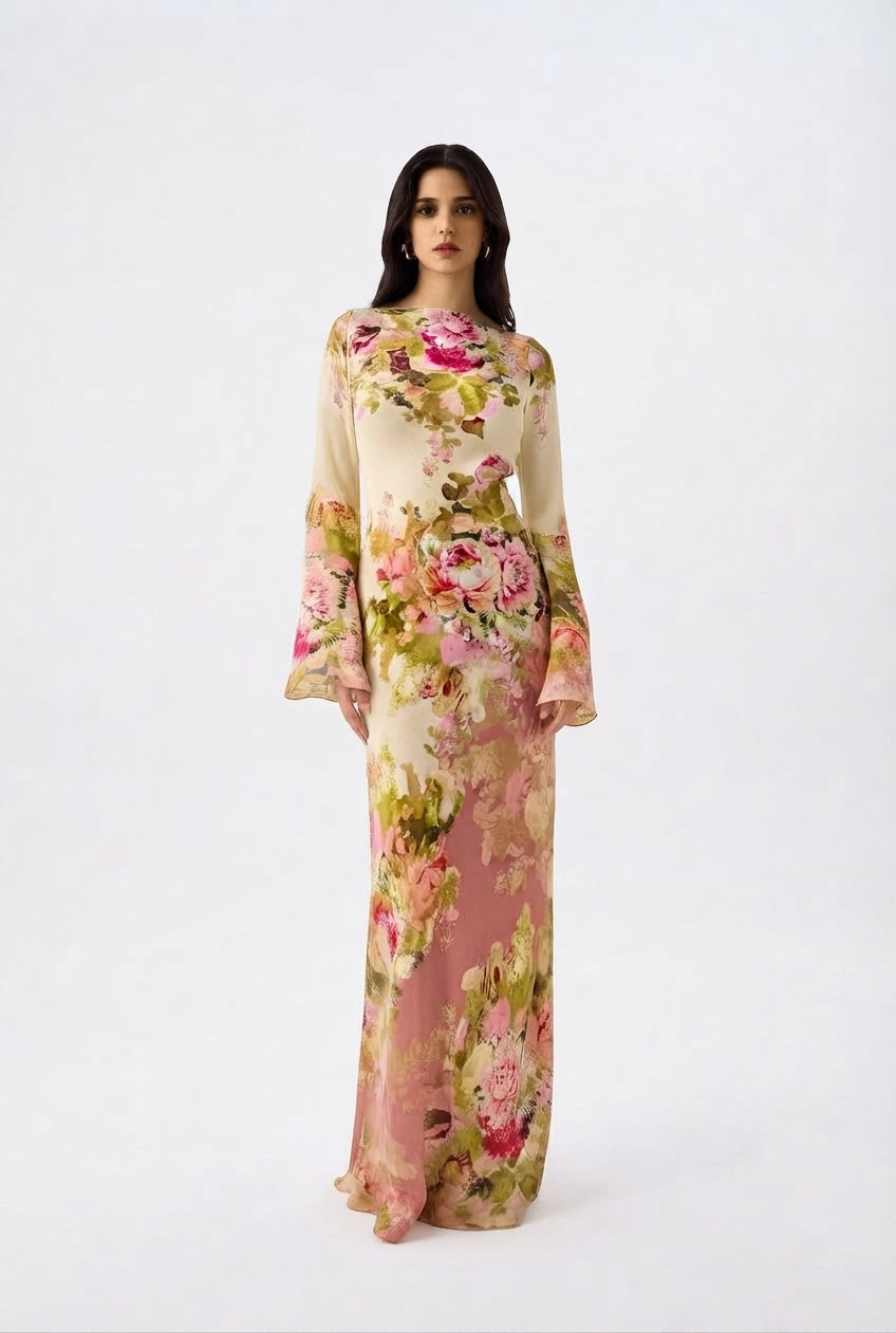 Robe Maxi Fleurie à Col Montant et Manches Longues