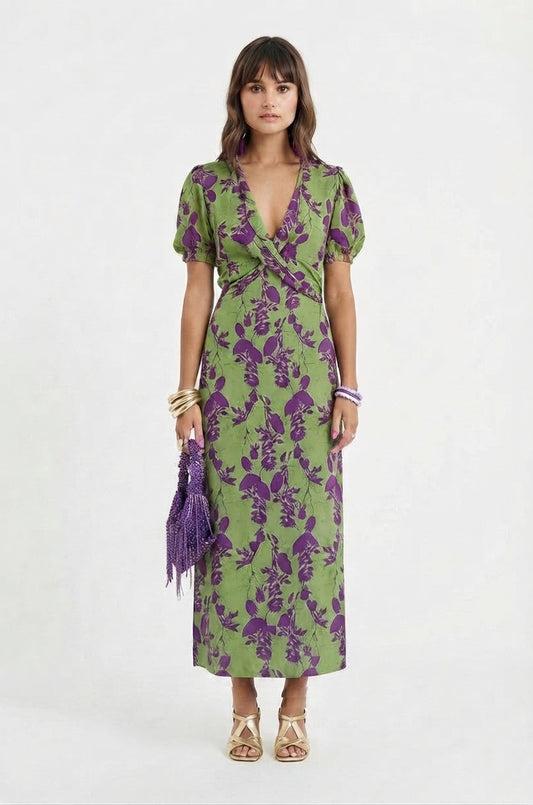 Robe Midi Croisée Florale à Col V pour Femme