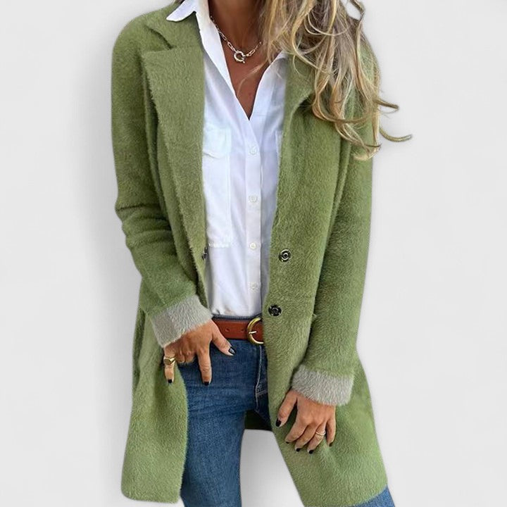 Veste Longue Cintrée à Col à Revers pour Femme