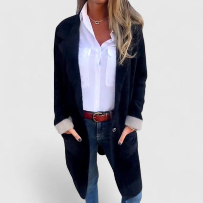 Veste Longue Cintrée à Col à Revers pour Femme
