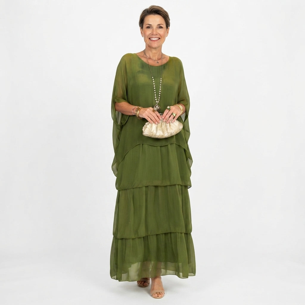 Robe Femme Longue avec Manches Chauve-Souris et Décolleté Rond