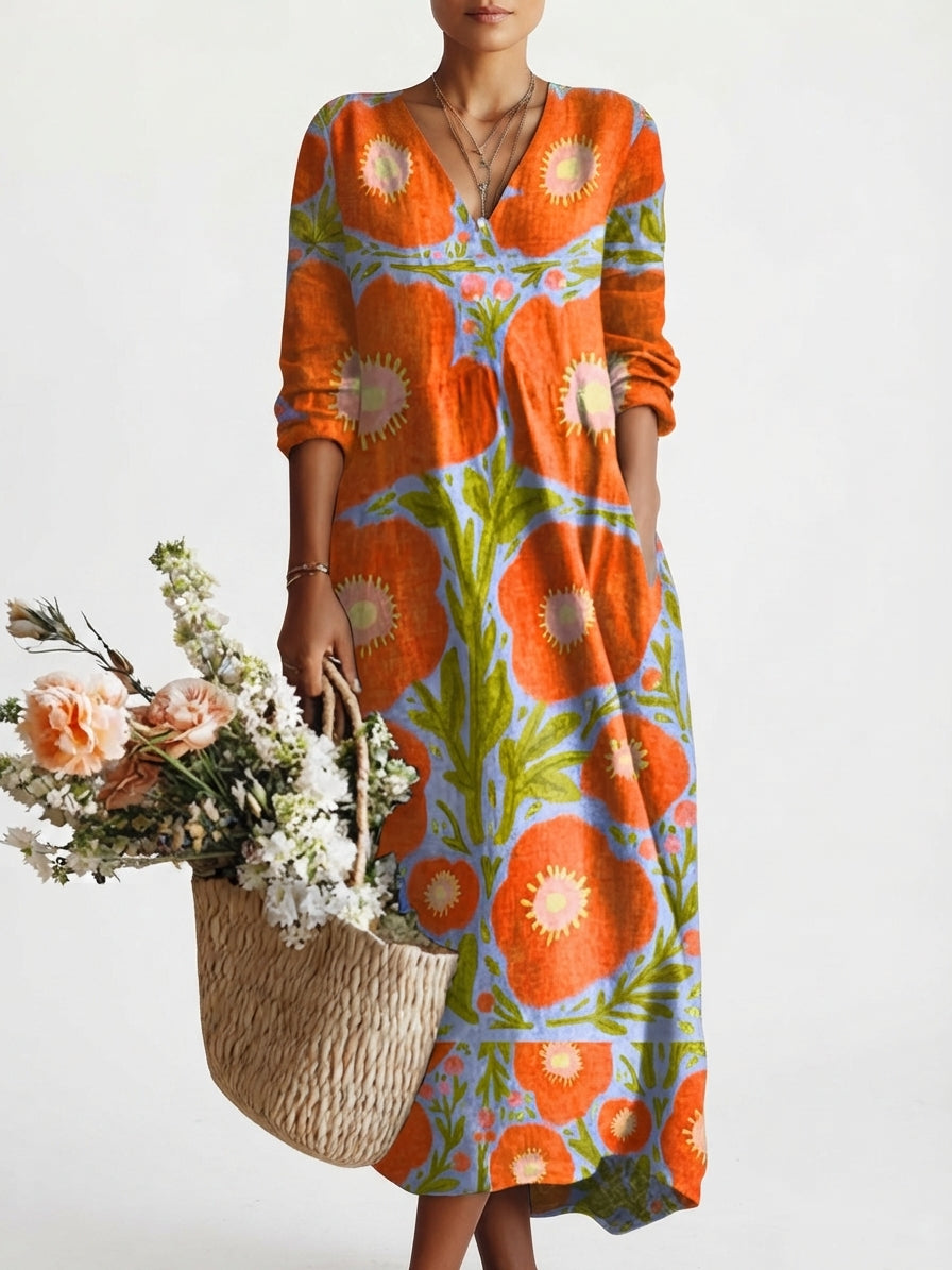Robe Midi Femme avec Décolleté en V et Imprimé Artistique
