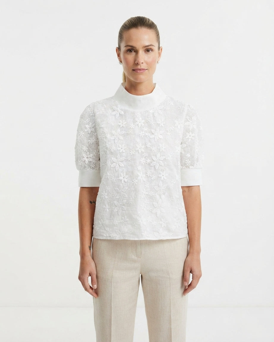 Blouse Femme à Col Montant avec Broderie Florale