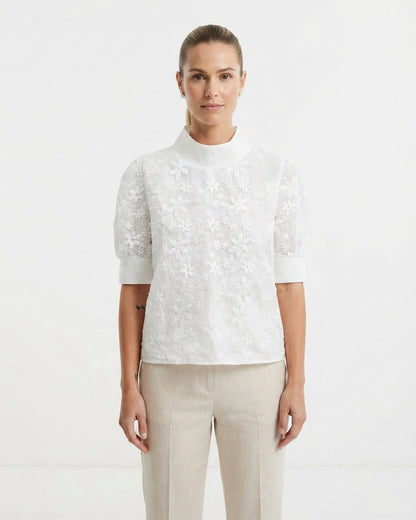 Blouse Femme à Col Montant avec Broderie Florale