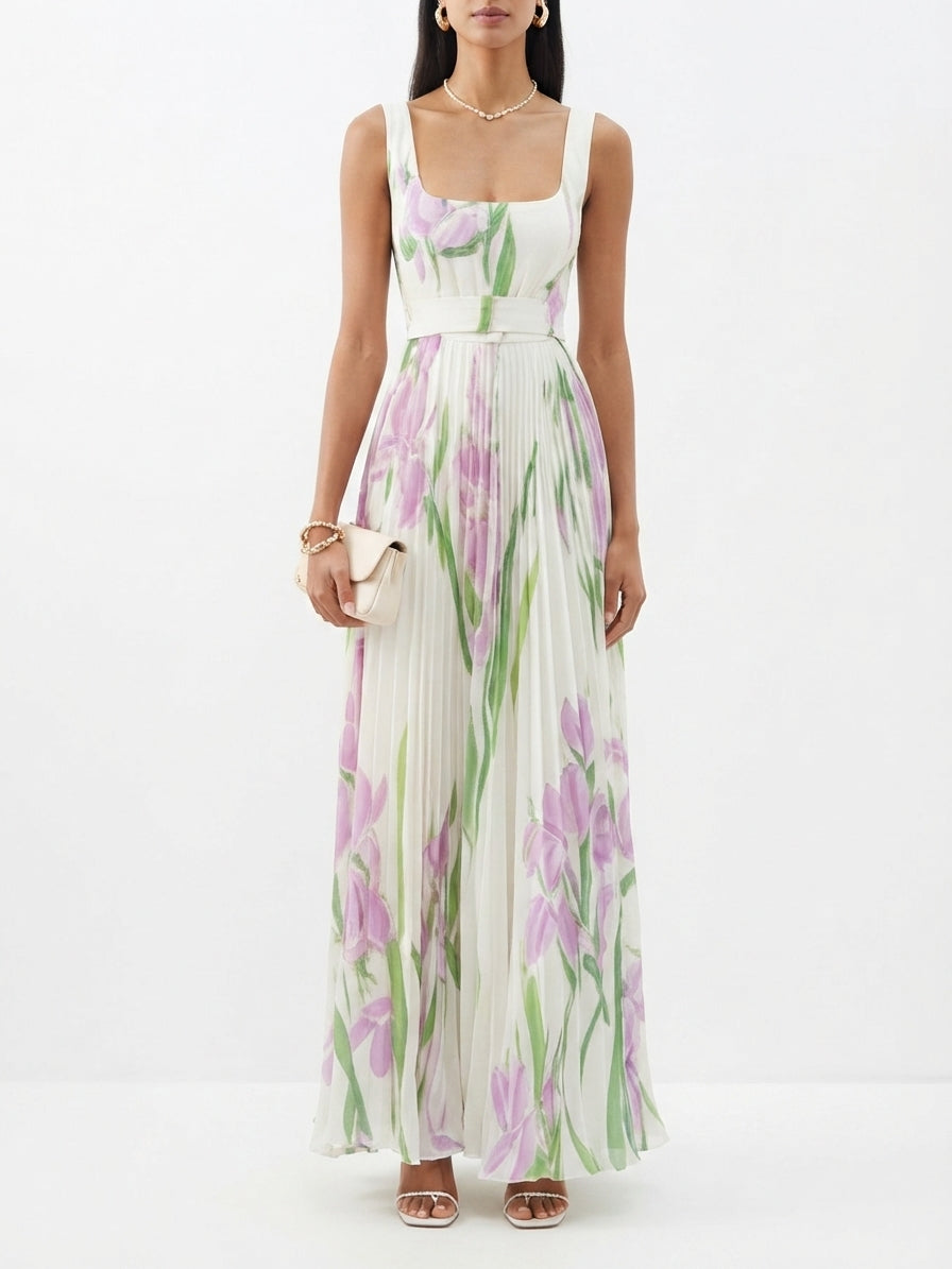 Robe Maxi Fleurie Femme avec Détails Plissés