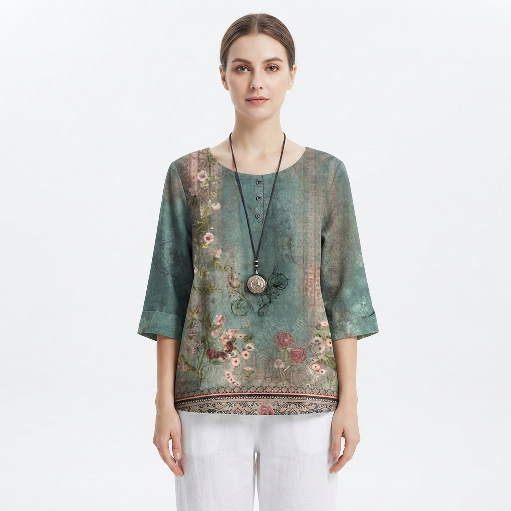 Blouse Femme Vintage Florale à Manches Trois Quarts