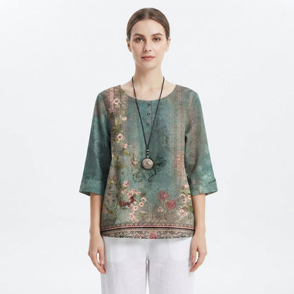 Blouse Femme Vintage Florale à Manches Trois Quarts