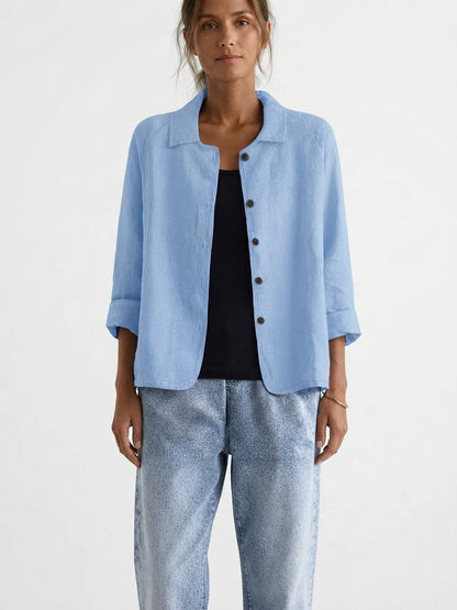 Blouse Femme Ample avec Col de Chemise et Manches Trois Quarts