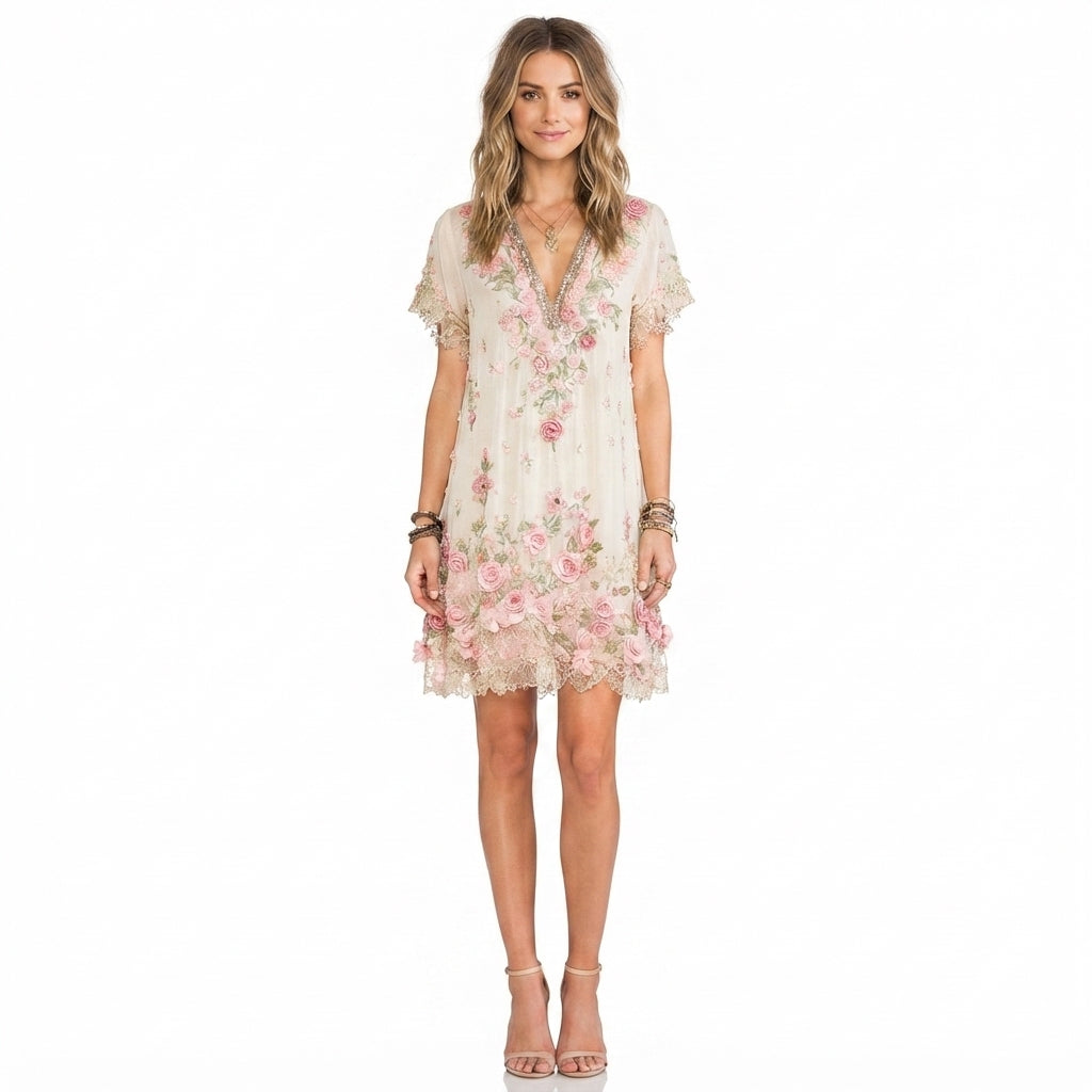 Robe Femme à Décolleté en V et Broderie Florale