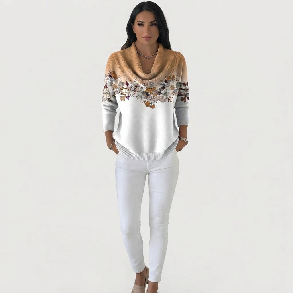Pull Femme en Tricot avec Décolleté Cascadé et Motif Floral