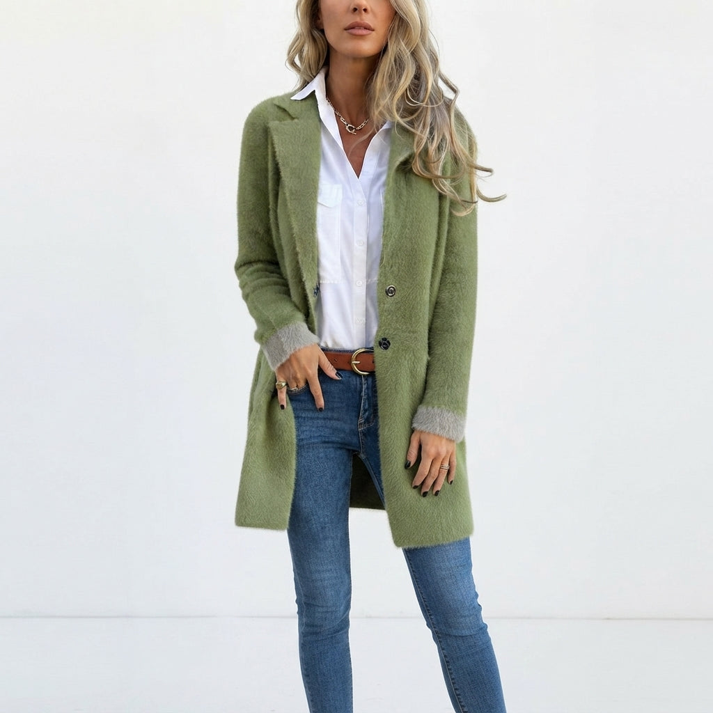 Veste Femme Longue Cintrée avec Col à Revers