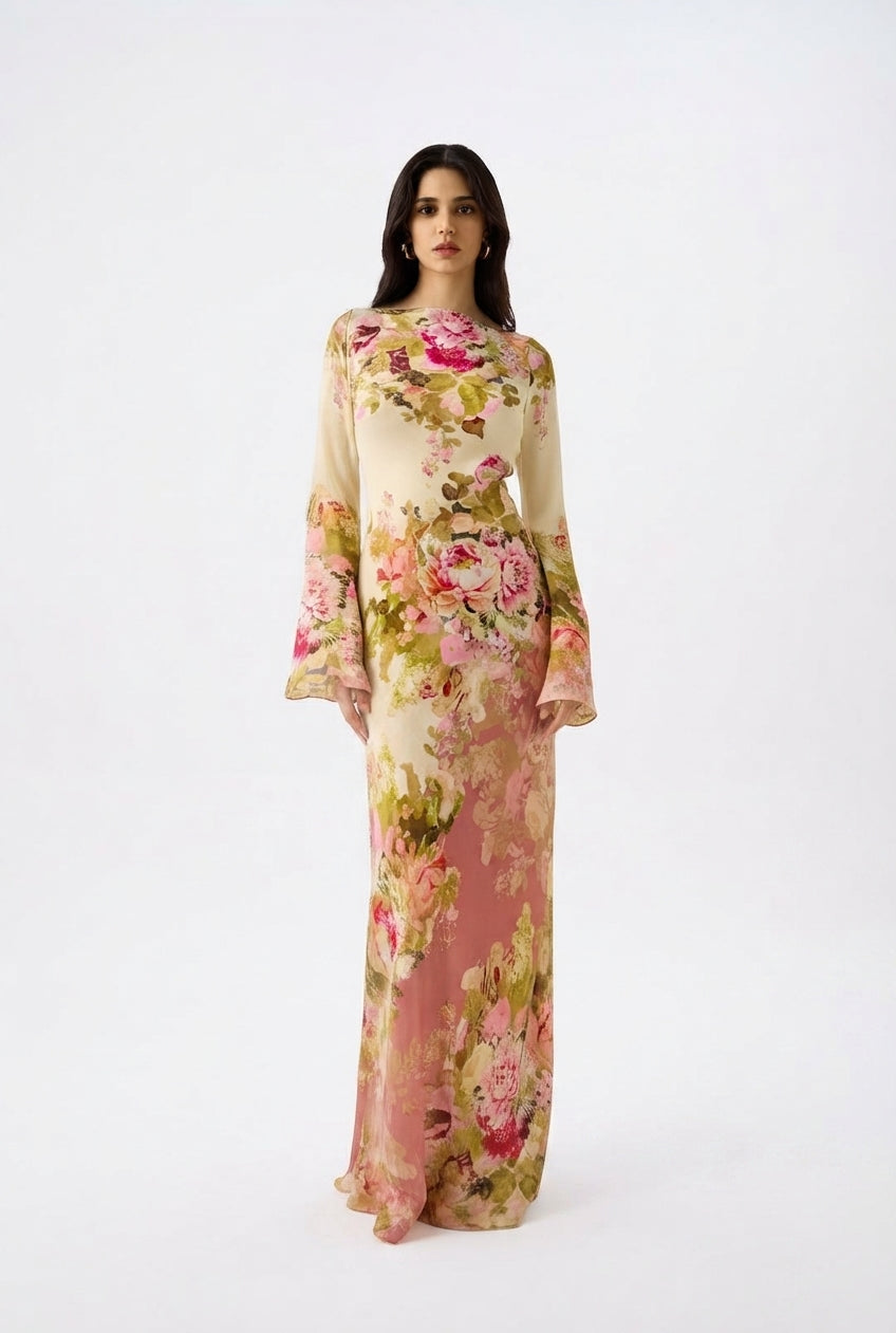 Robe Maxi Fleurie avec Col Montant et Manches Longues