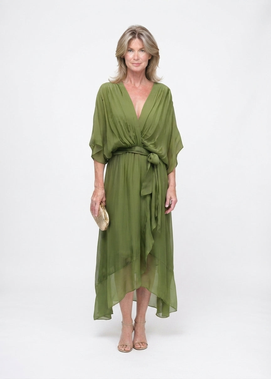 Robe Femme Midi en Chiffon Enveloppante avec Décolleté en V