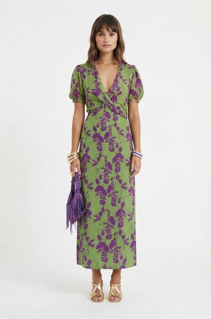 Robe Femme Midi Croisée Florale avec Décolleté en V