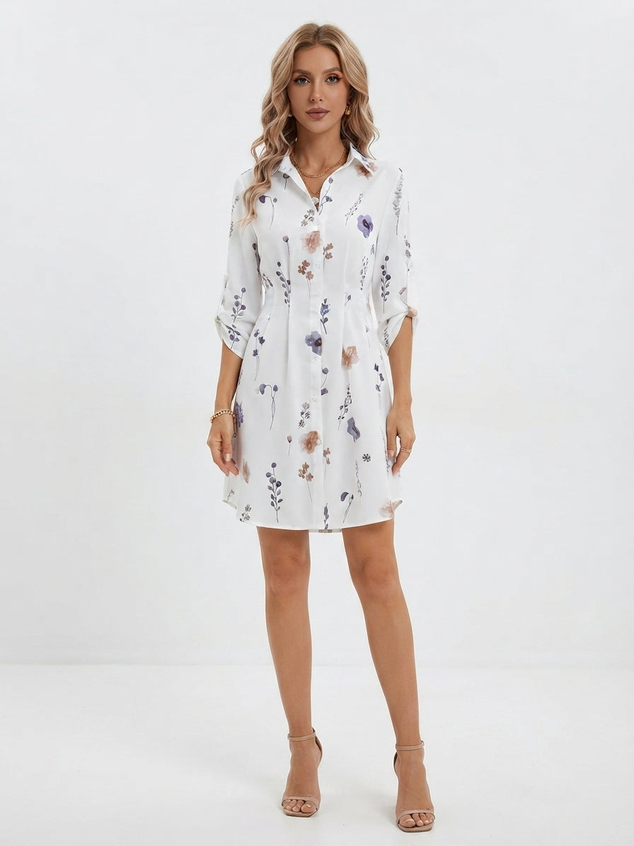 Robe Chemise Florale Ajustée avec Boutons pour Femme
